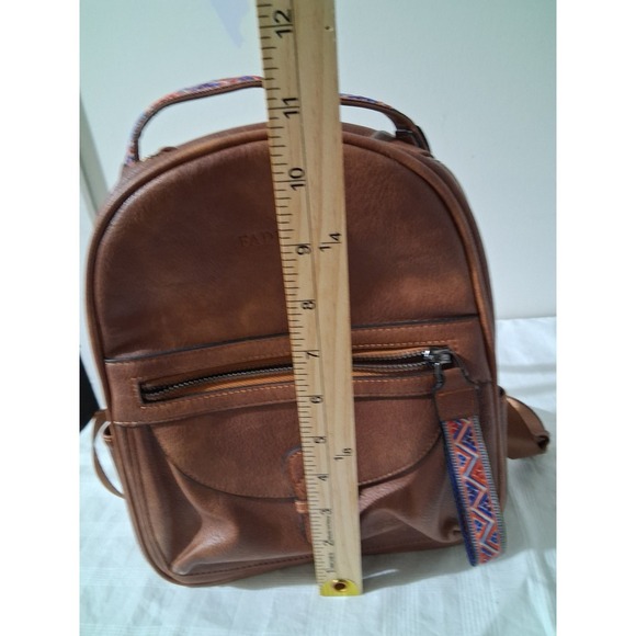 Fadeon Cognac Brown Vegan Leather Mini Backpack Woven Trim Boho main image 6